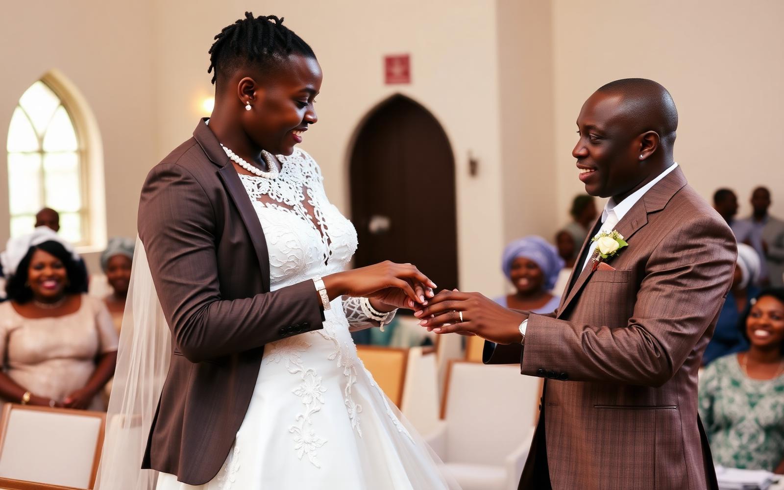 Nigerian church wedding with bride and groom at the altar and guests seated behind