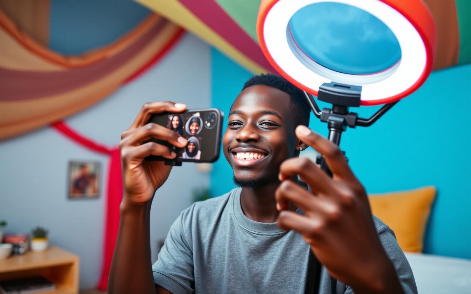 Nigerian TikTok creator recording a dance video with a ring light