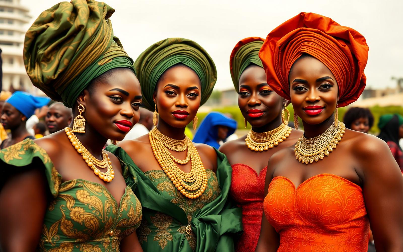Nigerian women in coordinated aso ebi and gele at a Lagos outdoor event