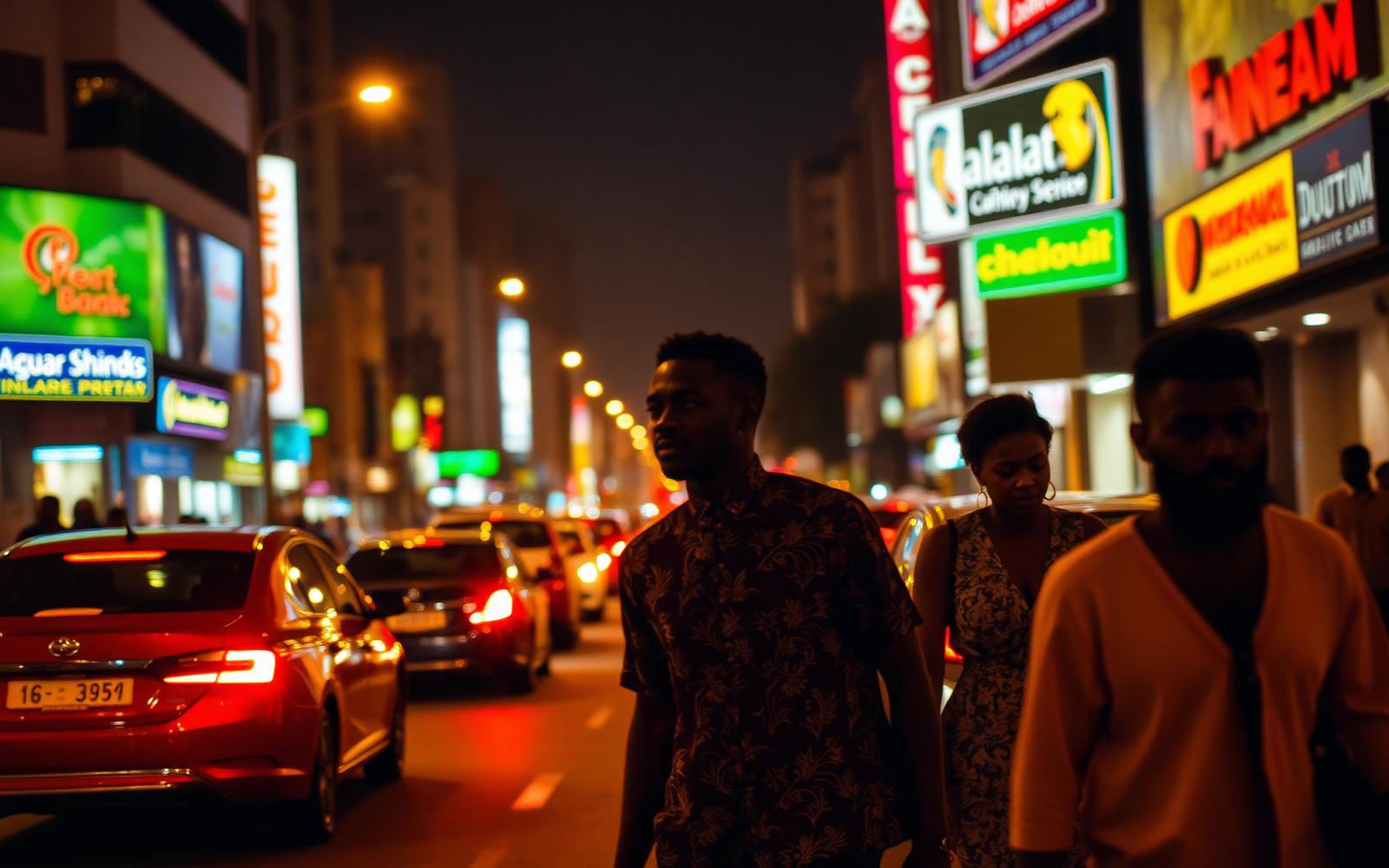 A stylish Nigerian restaurant scene at night with warm lighting