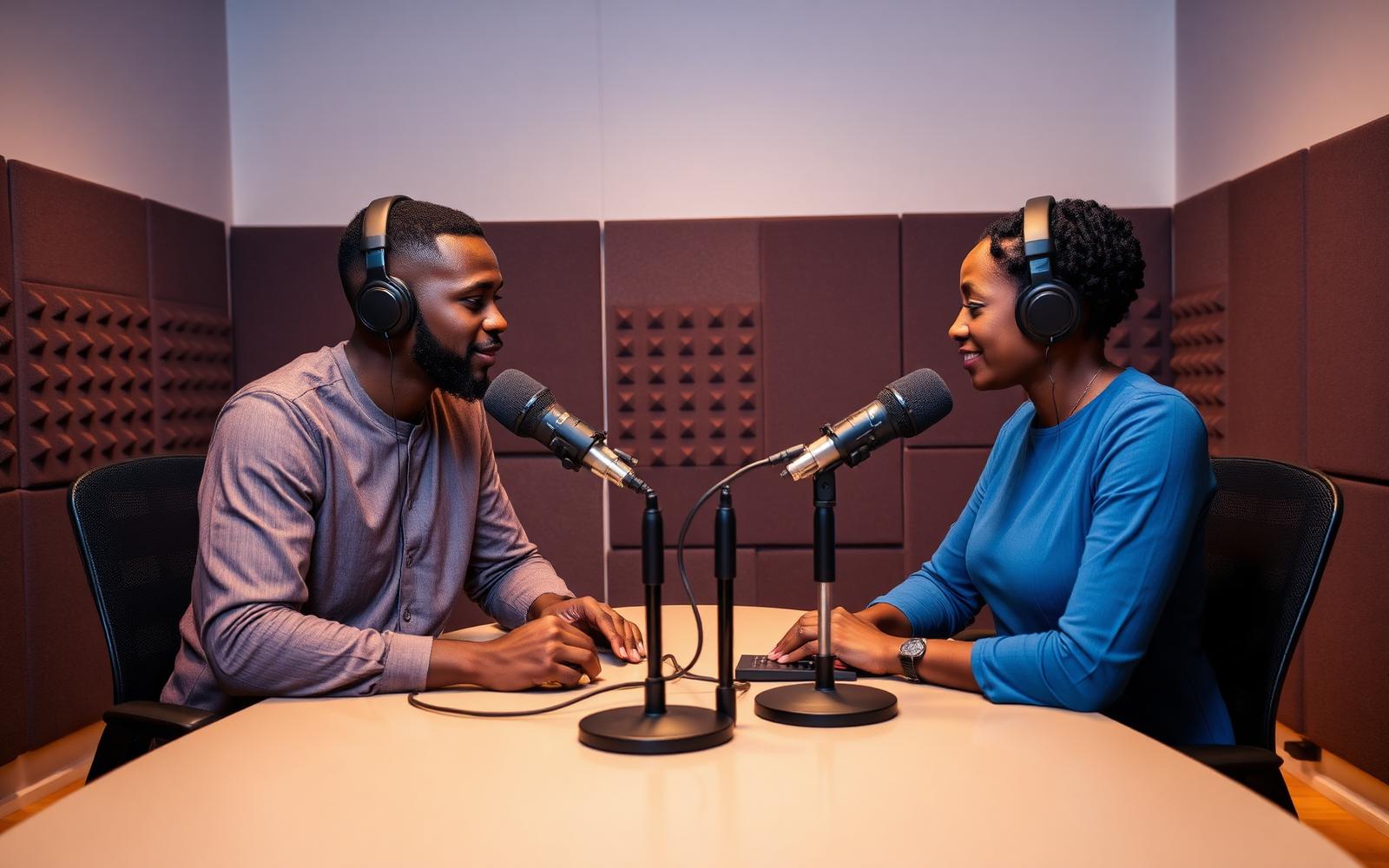 Podcast studio interior with warm ambient lighting