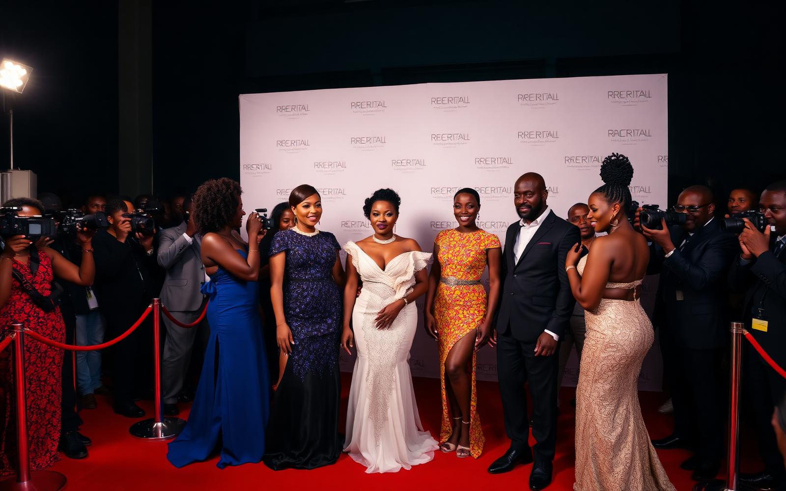 Nigerian celebrities gathered on a red carpet with photographers