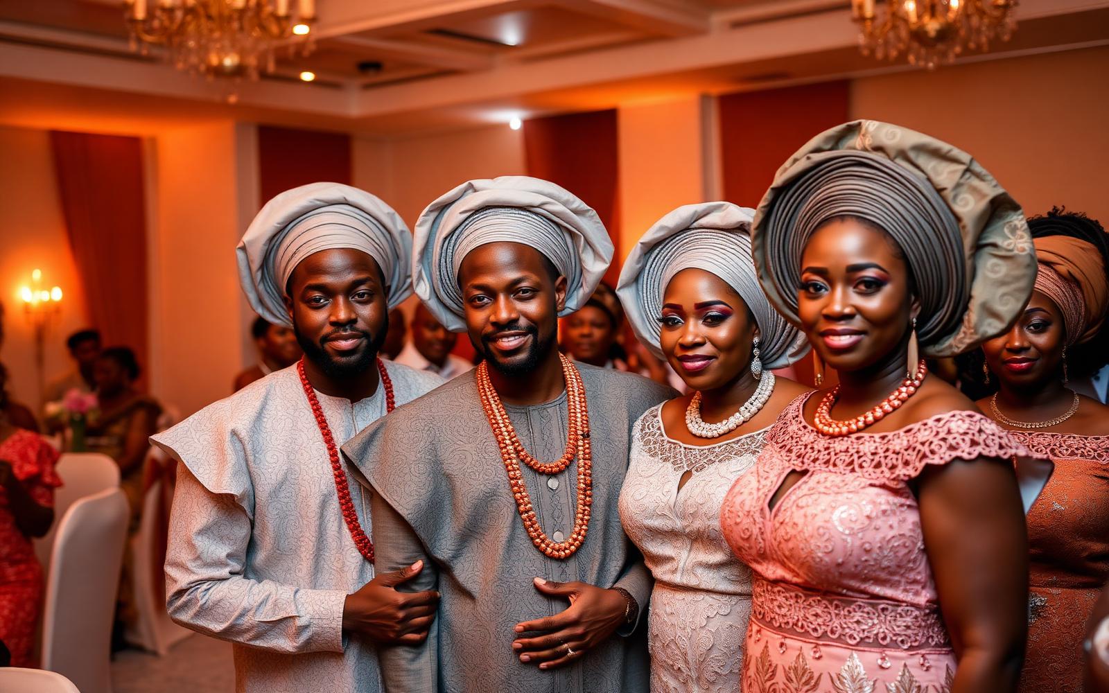 Nigerian traditional wedding guests in aso ebi and gele in a Lagos reception hall